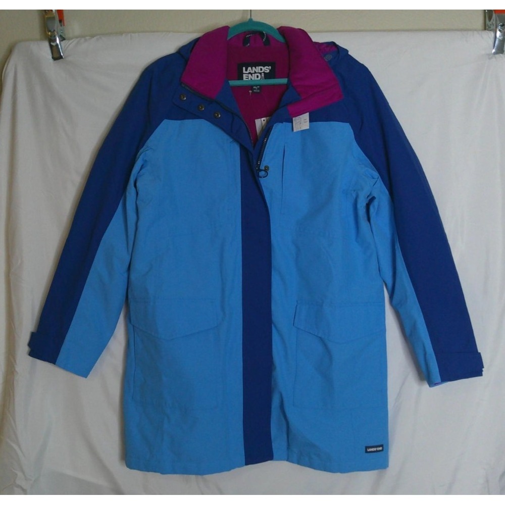 Lands End Jacket‎ Womens XL 18 Blue Purple Fleece Lining Hoodie Waterproof NEW